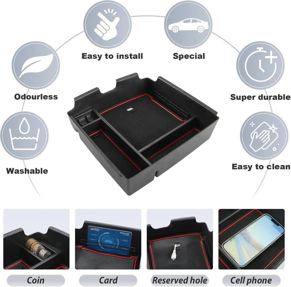 SKTU Compatible with 2022-2026 2027 Kia Carnival Center Console Organizer 2024 2025 2026 2027 Carnival Accessories Insert ABS Tray 2022-2027 Carnival Console Tray with Coin and USB Hole (Red)
