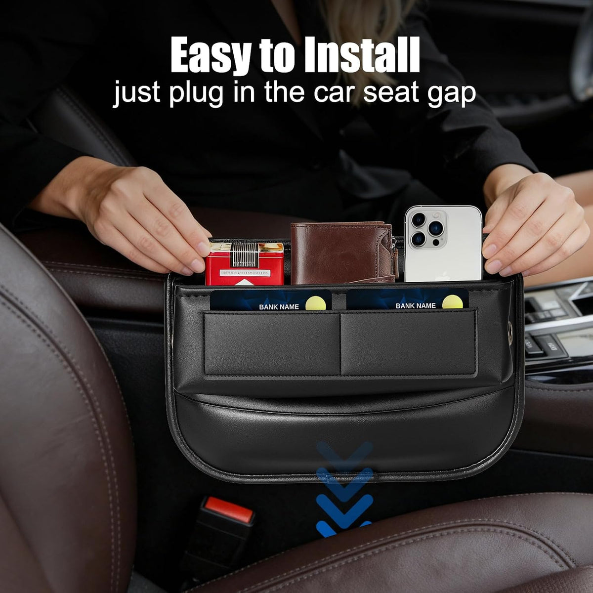 Car Seat Gap Filler Organizer, Universal Premium Leather Car Gap Filler with Card Slots for Front Seat Between Car Seat and Console Hold Phone, Sunglasses, Keys, fit for Car Suv Truck - 1 Pack, Black