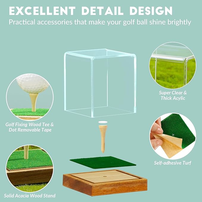 JupDec Golf Ball Display Case Clear Acrylic Memorabilia Stand Cube Holder with Wood Base & Tee, Dust Protection Transparent Storage Box for Single Ball Souvenir Golfball Collections, Brown, 2 Pack
