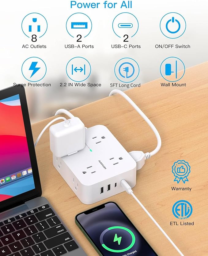 Power Strips with Surge Protection - HANYCONY 8 Widely Outlets with 4 USB Ports (2 USB C), 3-Side Outlet Extender Strip, 5 Ft Extension Cord, Ideal for Home Office College Dorm Room Essentials