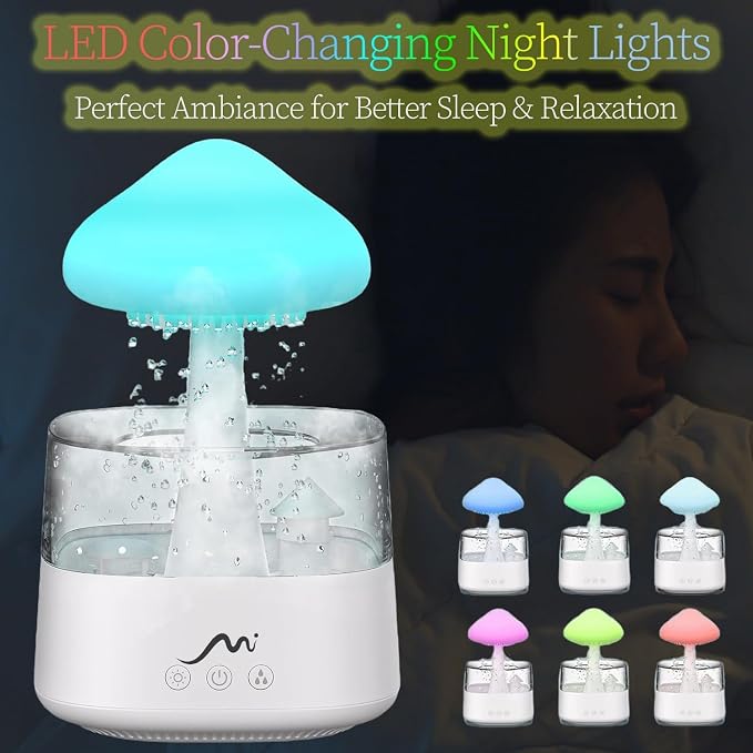 Rain Cloud Humidifier for Bedroom with Remote Control, Built-in Sound Speaker, Aromatherapy Water Drip Diffuser, LED Night Light & Raindrop Sounds for Sleep and Relaxation