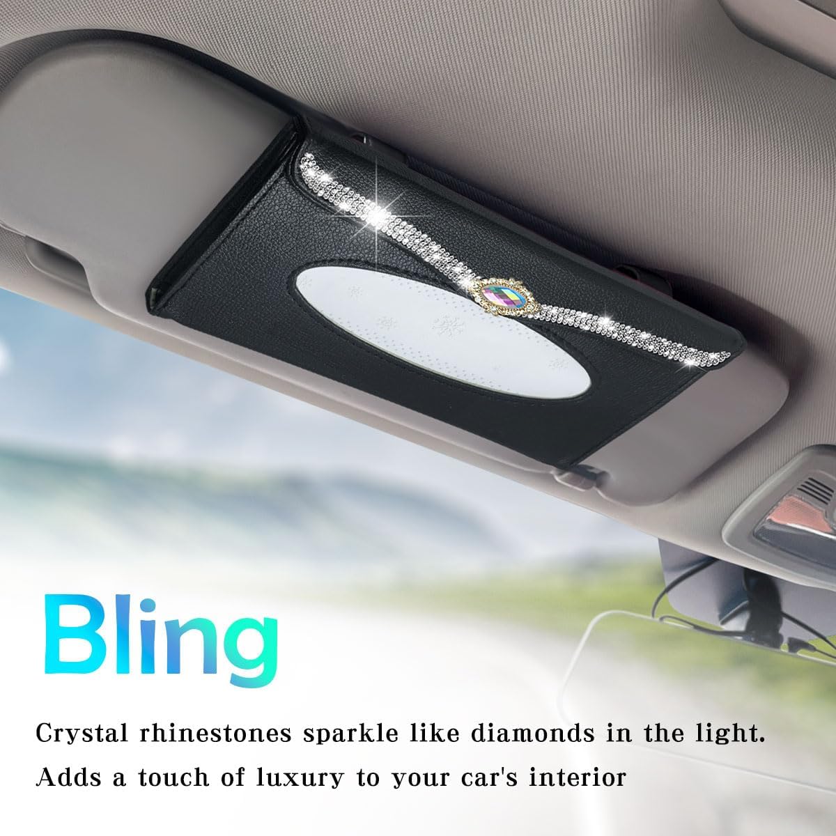 Bling Car Tissue Holder Rhinestones Visor for Auto Black Interior Accessories for Women