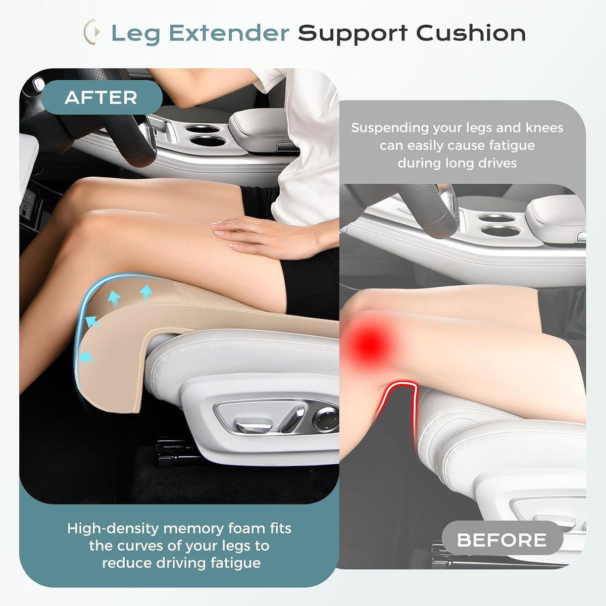 Coverado Car Seat Extender Leg Support, Leather Leg Support Cushion for Driving, Leg Extender Pad, Waterproof Car Seat Cushion Universal Fit for Most Cars, Beige
