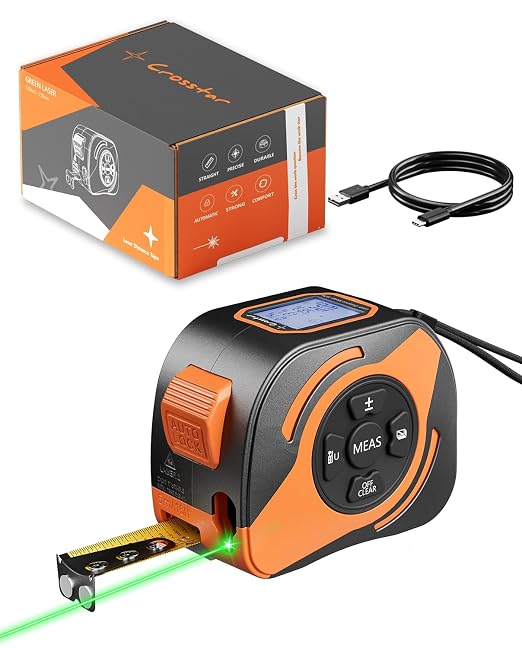 Crosstar 2-in-1 Laser Tape Measure 197ft, 532nm Green Beam, 16ft Manual Tape