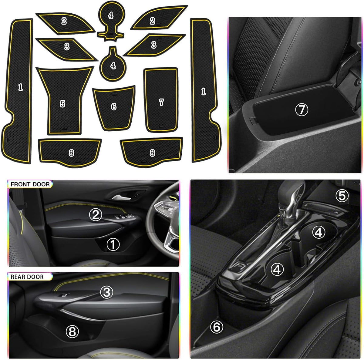 SKTU 2024 2025 2026 Chevy Trax Door Slot Mat for 2024 2025 2026 Chevrolet Trax (LS,1RS,LT,2RS,ACTIV) 14PCS Fit Door Compartment Cup Center Console Liners (Yellow)