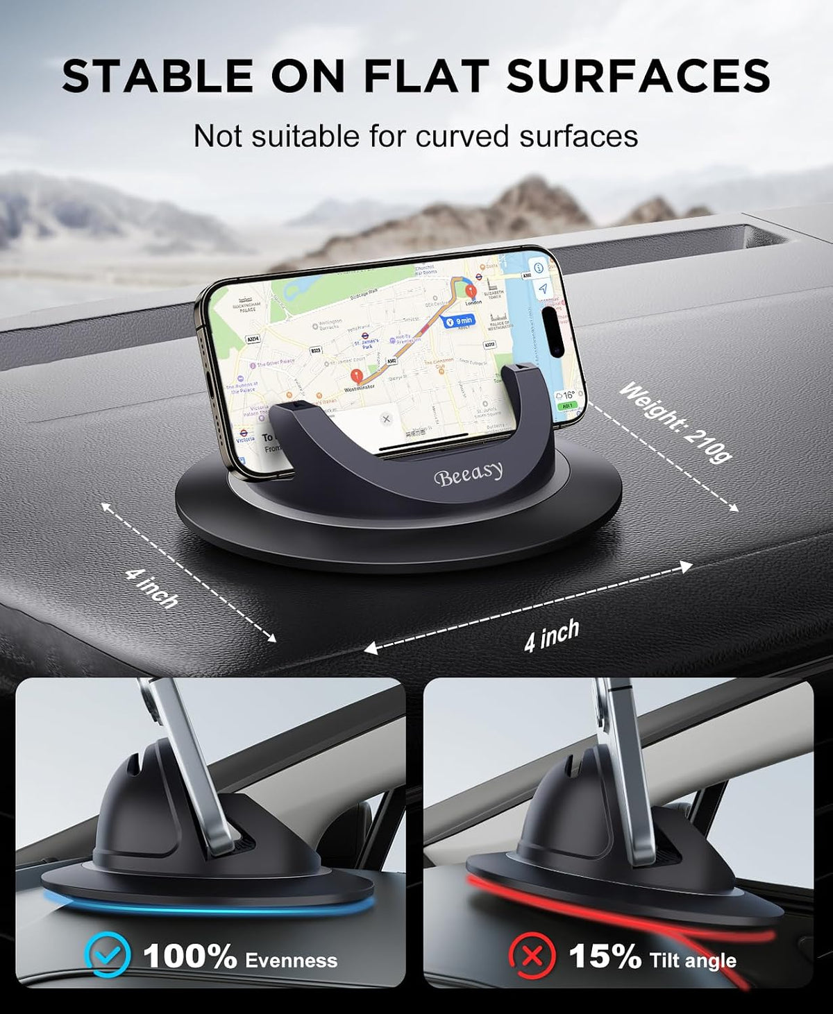 Beeasy Car Phone Holder Mount, 360° Rotation Dashboard Phone Holder, Silicone Non-Slip Cell Phone Car Mount, Universal for iPhone 17/16 Pro Max, Samsung, Google Pixel, All Smartphones & GPS