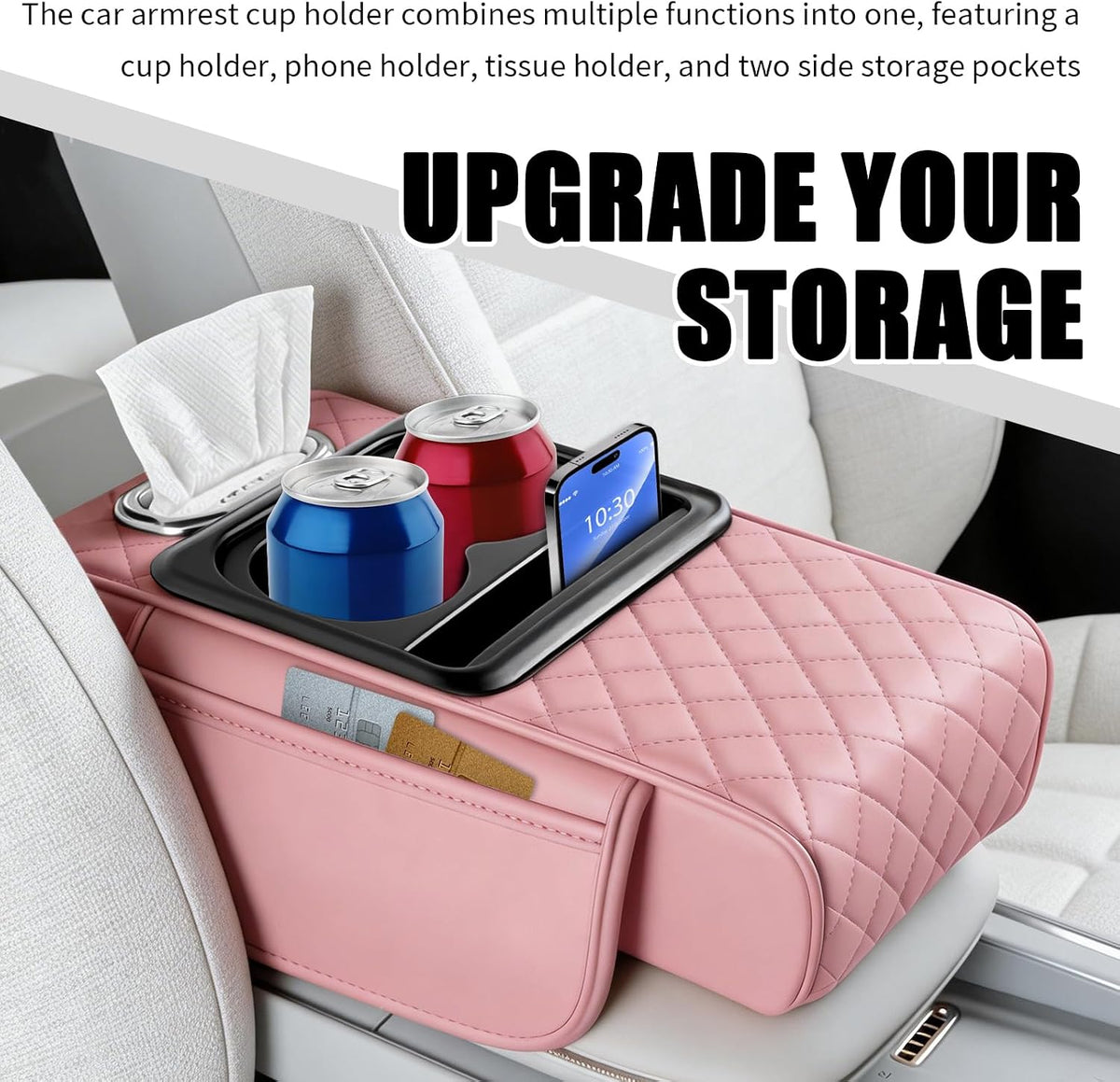 5-in-1 Car Center Console Cover,Leather Car Armrest Cover with Cup Holder/Storage Pocket/Phone Holder/Cars Tissue Holders,Thickened Cars Armrest Storage Box for Relieving Elbow Fatigue (Pink)