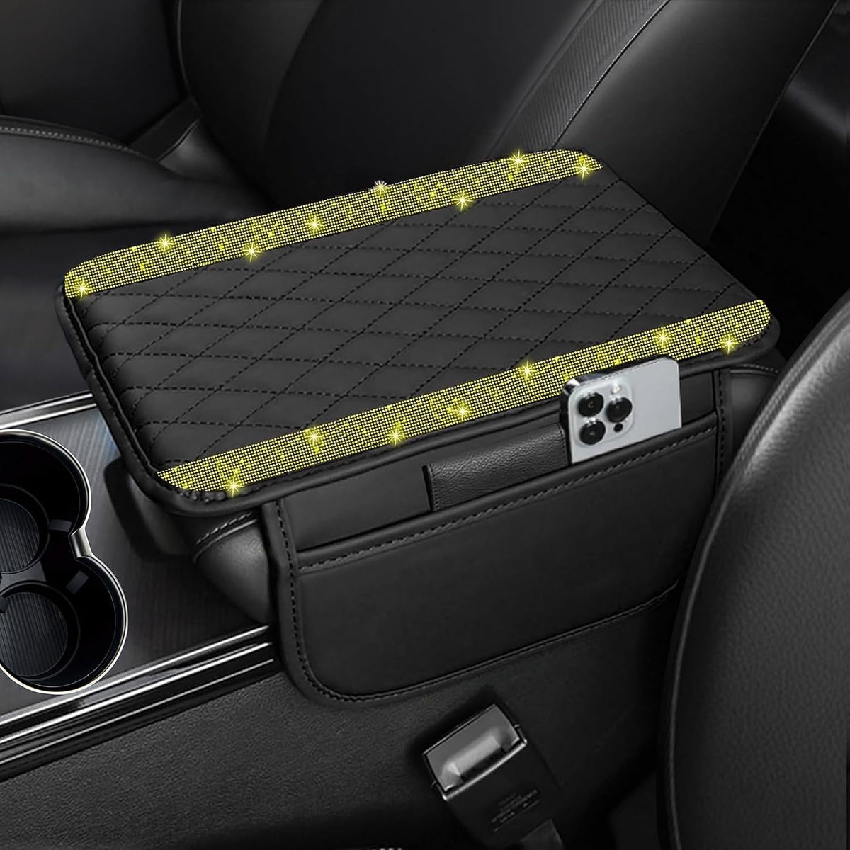 NBTEPEM Bling Car Center Console Cover, Leather Car Arm Rest Cover Cushion with 2 Storage Bags, Middle Console Cover Universal Armrest Protector Pads, Bling Accessories for Most Vehicles (Yellow)