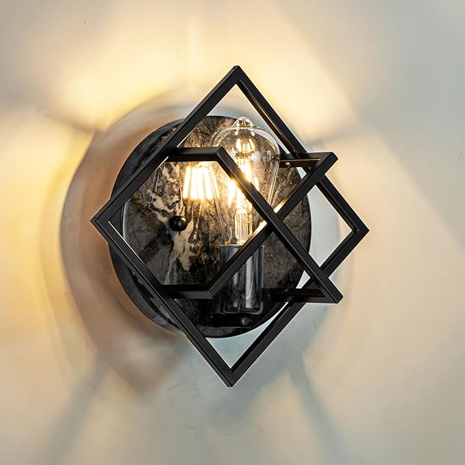 Black Wall Sconces,11.3in Rustic Wall Sconces Mount Lamp Indoor for Living Room Bedroom Bathroom Stairway(E26 Base, Bulbs Not Include 1Pack) Gray Marble Texture Metal