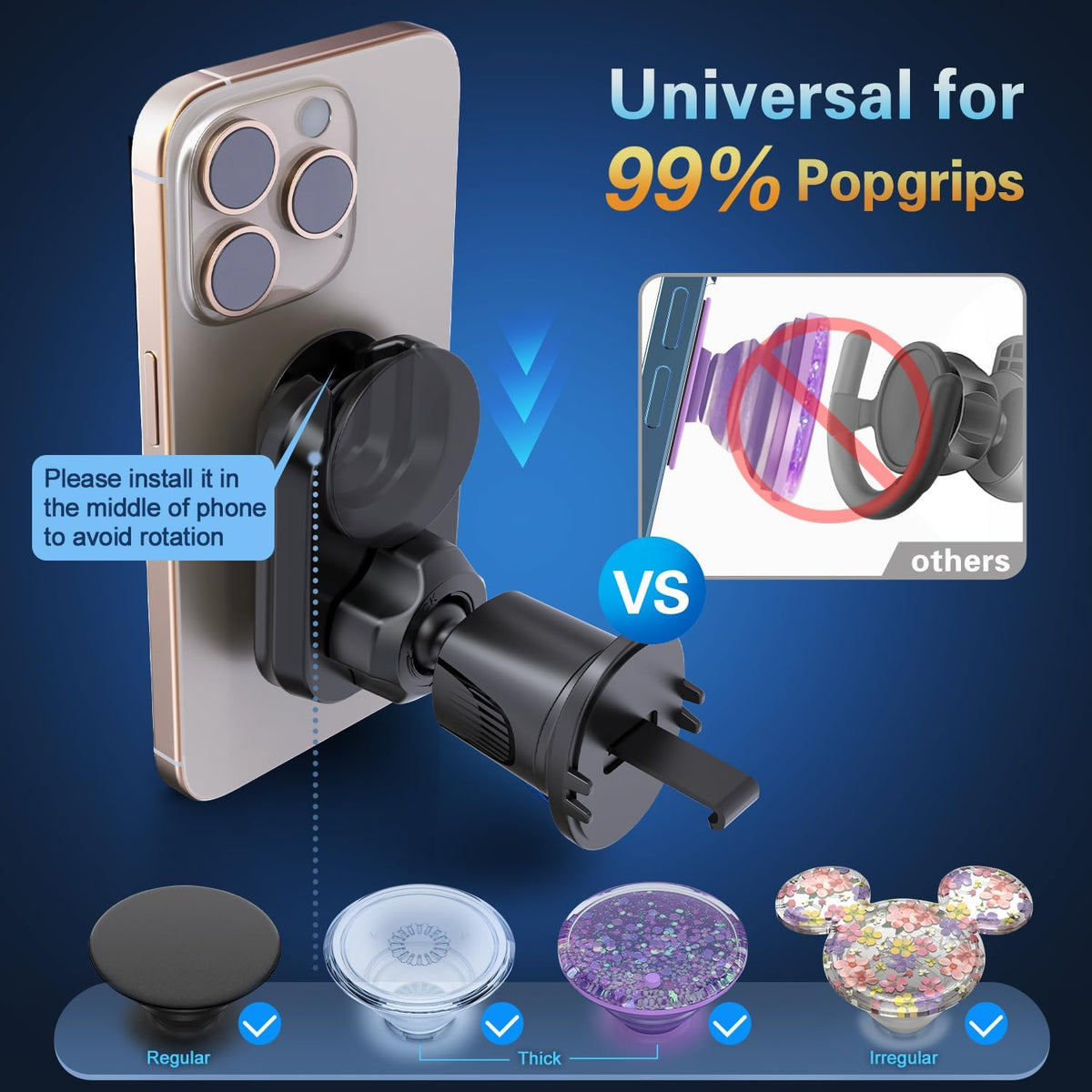 pop-tech Car Vent Phone Mount for Thick Socket Grip, Air Vent Clip Phone Holder Compatible with Magsafe Wallet Black & iPhone Samsung Card Holder, Cellphone Stand with Sticky Adhesive