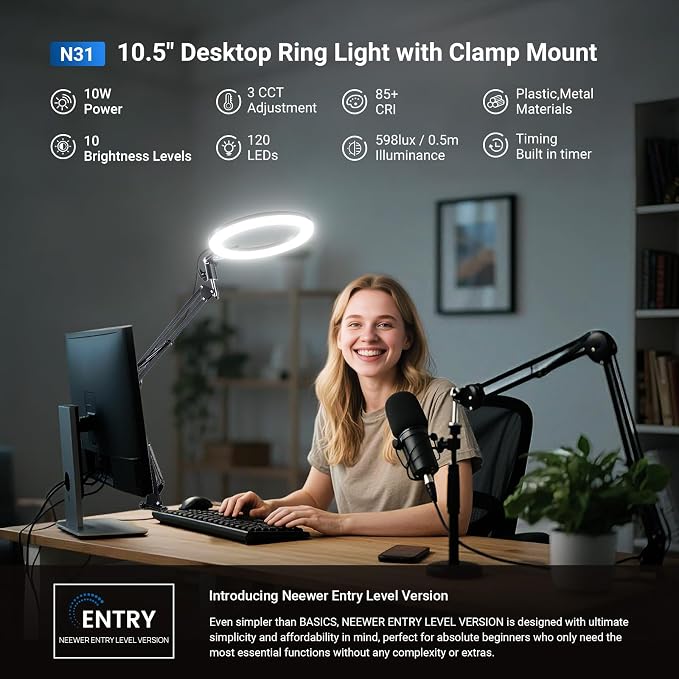 NEEWER Entry Level Version 10.5" Overhead Desktop LED Ring Light, Clamp Stand
