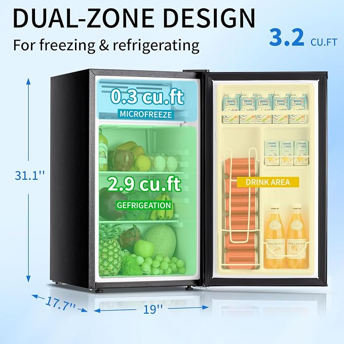 DOGHLY 3.2 Cu.Ft Mini Fridge with Freezer, Single Door Small Refrigerator | Compact Refrigerator with 7 Adjustable Thermostat, Removable Shelf, Low Noise, Small Fridge for Bedroom, Office, Dorm, Black