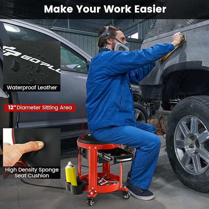 Nightcore Workshop Rolling Seat, Round Creeper Stool with Removable Cushion, Tool Tray, 2 Drawers & Twin Can Holders, Mechanic Roller with 4 Universal Casters for Garage, 300 Lbs Weight Capacity