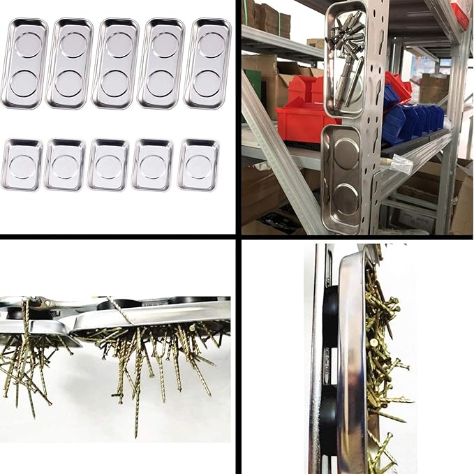 10-Piece Magnetic Tray Holder (3.6" x 2.4" / 5.9" x 2.5" Square), Stainless Steel Magnet Trays Set For Socket Screw Nuts Bolts Metal Parts & Tool Organization