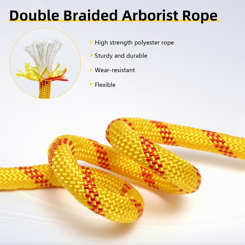 XINSHUNCAN Arborist Rope, 1/2 Inch x 50 Feet Double Braided Climbing Rope Polyester for Outdoor, Climbing, Hiking, Swing, Tree Work, Halyard, Sailing（Yellow）