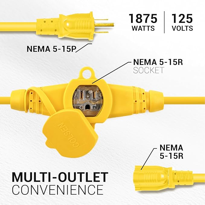 COLSEN Extension Cord with Multiple Outlets – 50 ft Heavy Duty 16 Gauge Power SJTW Cable, 15 Amp 3 Prong 11 NEMA Multi Plug, 14 AWG Male to Female Connector, 5-15R Female Socket, Outdoor/Indoor Yellow