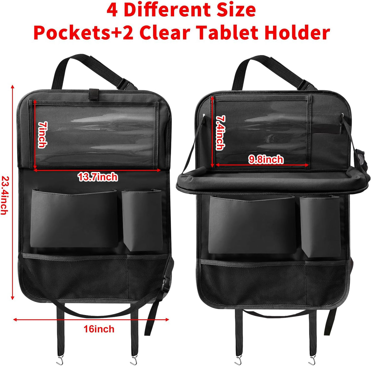 Car Backseat Organizer with Tablet Holder, 6 Storage Pockets Foldable Table Tray Seat Back Protectors Kick Mats Travel Accessories, 2 Pack Black