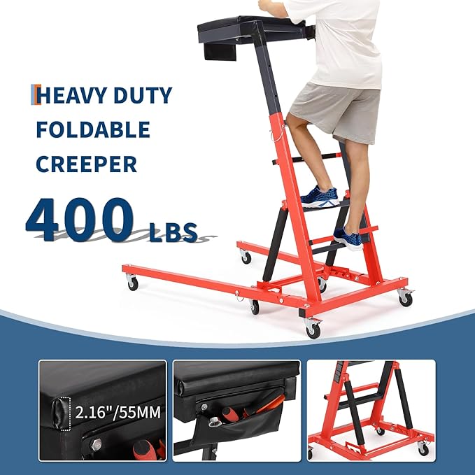 Topside Automotive Creeper,Engine Topside Creeper with Adjustable Height 48"-66", 400 Lbs Heavy-Duty Foldable Garage Creepers, 6 Swivel Casters, Padded Deck, Tool Pouch, for Truck/SUV Garage Mainten