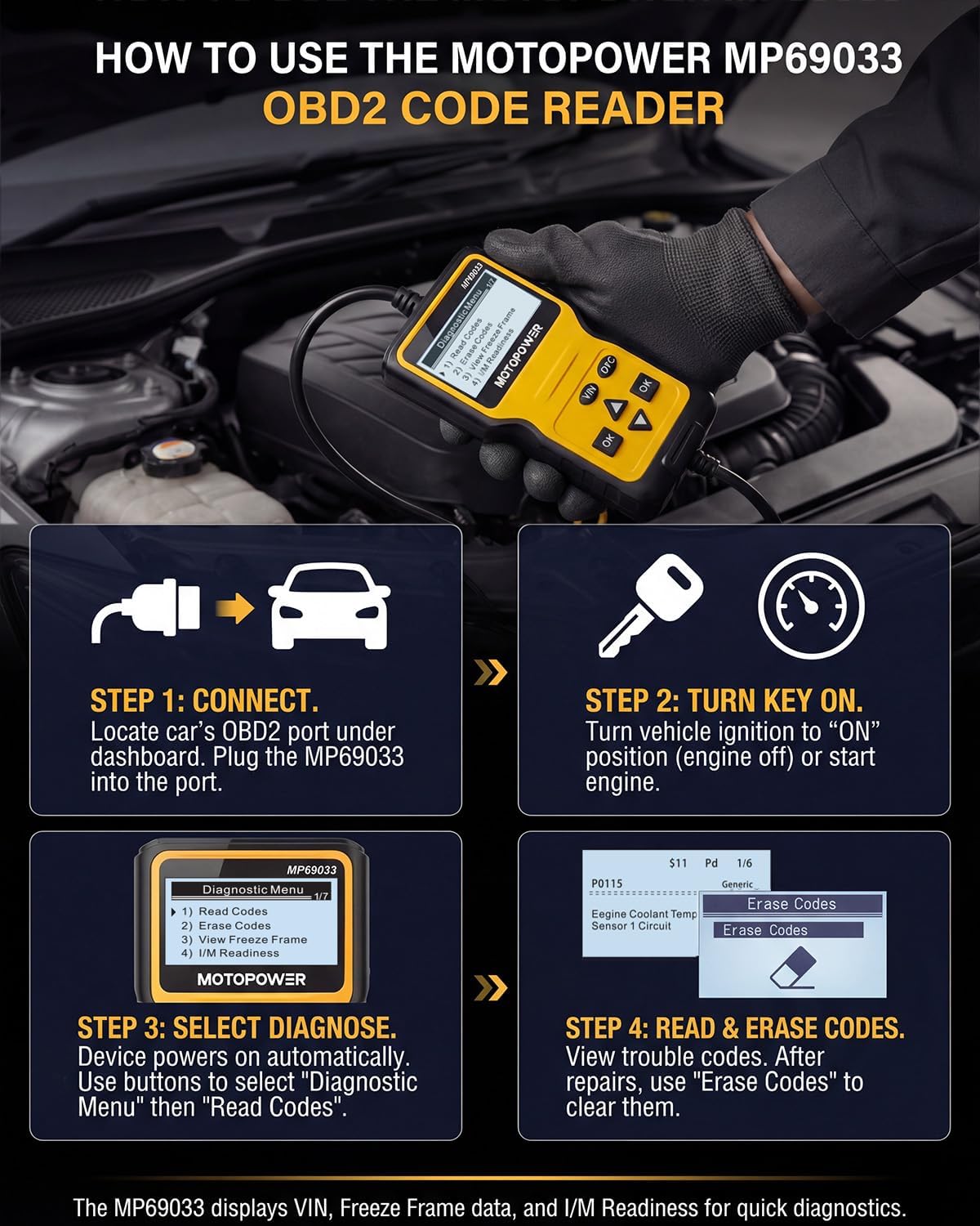 MOTOPOWER MP69033 Car OBD2 Scanner Code Reader Engine Fault Scanner CAN Diagnostic Scan Tool for All OBD II Protocol Cars Since 1996, Yellow