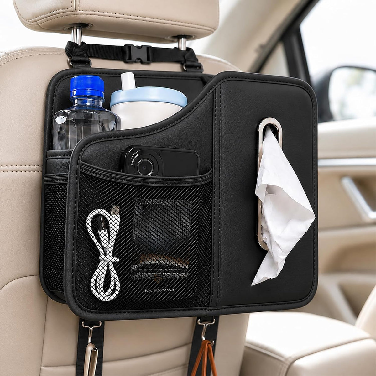 Car Tissue Holder, Leather Back Seat Organizer with Cup Holder & 2 Hooks