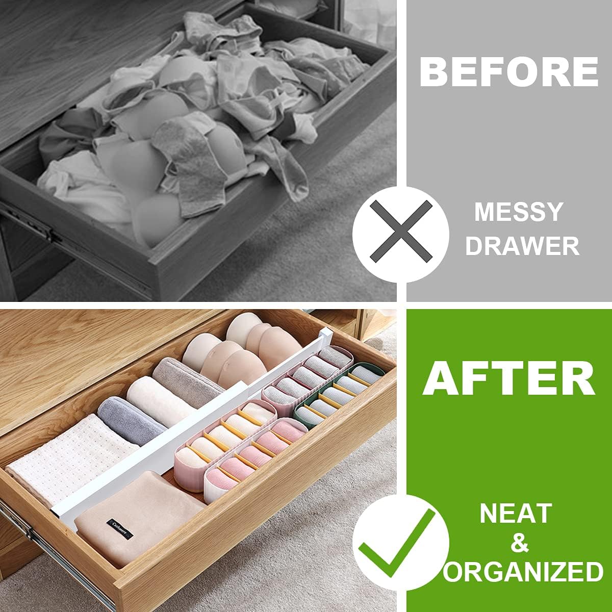 ANTOWIN Bamboo Drawer Dividers Organizers, Expandable Drawer Separators Splitter,17-22 inches Long Adjustable Spring-loaded Organizer for Large Utensil, Clothes, Tools Drawers (White)
