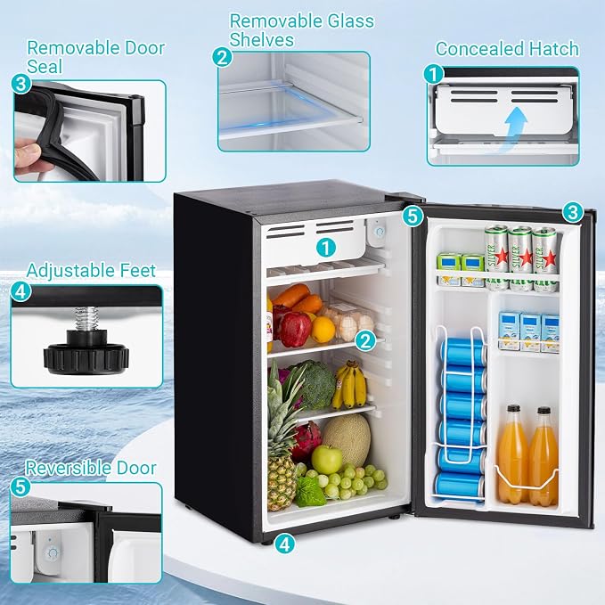 3.2 Cu.Ft Mini Fridge with Freezer, Single Door Small Refrigerator, Dorm Fridge with 7 Adjustable Thermostat, Energy Saving, Low Noise, Compact Refrigerator for Office, Bedroom, Dorm, Black