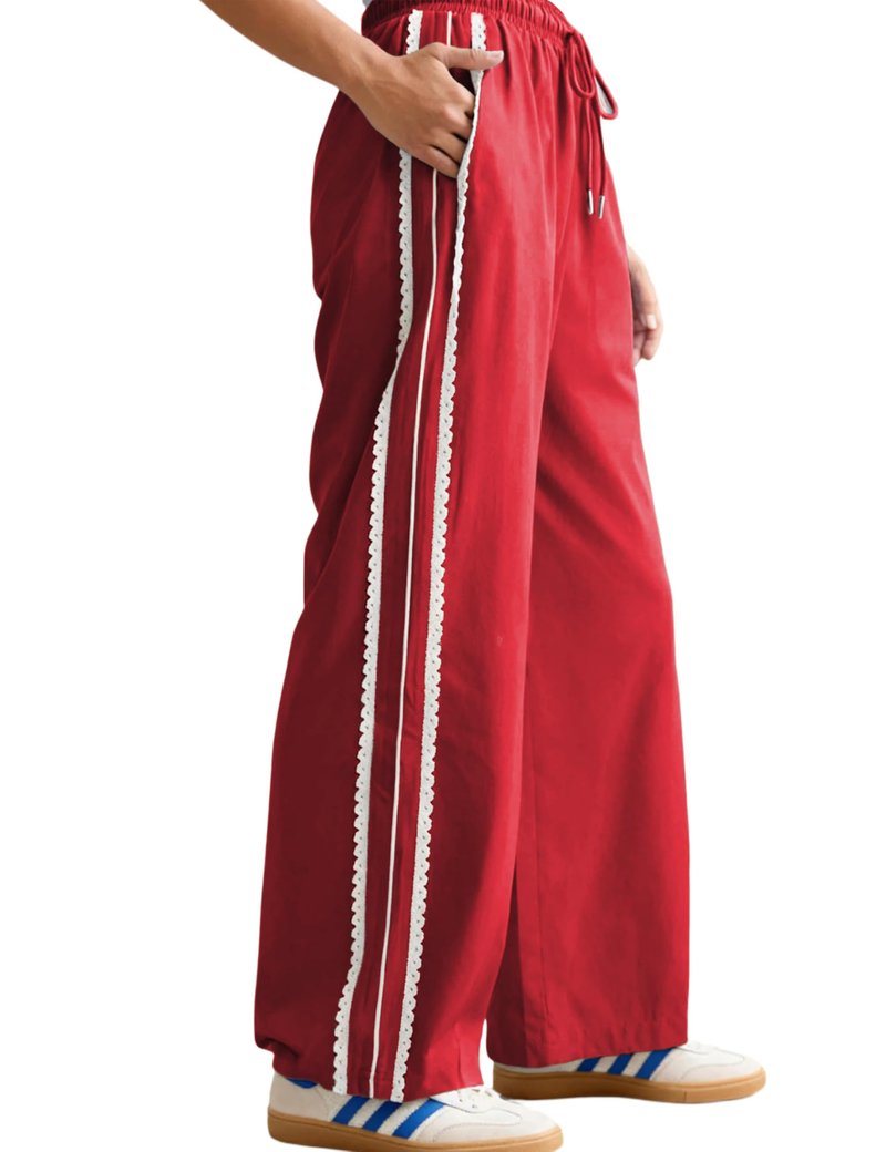 Yeokou Women's Wide Leg Sweatpants Side Stripe Crochet Slip on Drawstring Casual Running Track Palazzo Pants with Pockets (Red-S)