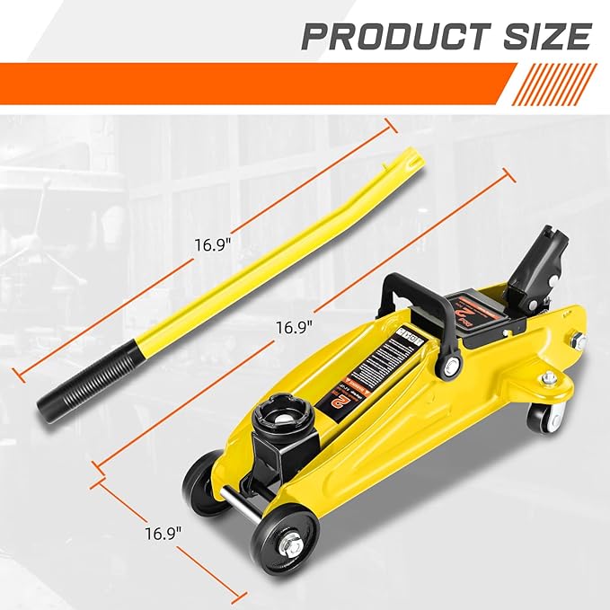 PM PERFORMOTOR Low Profile Hydraulic Trolley Service/Floor Jack Combo with 2 Ratchet Jack Stands, 2 Ton (4000 lbs) Capacity, Yellow,PM-TOL-FJ3P-YL