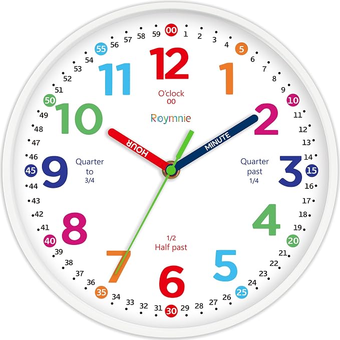 Roymnie Wall Clock for Kids Learning to Tell Time Non Ticking Battery Operated