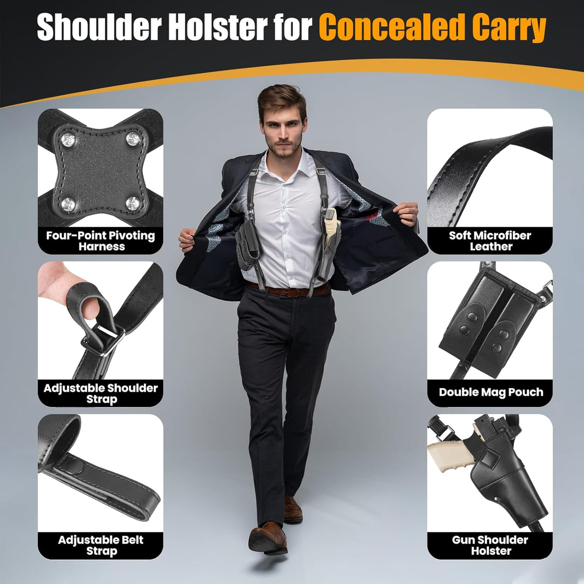 Yigerlee Adjustable Vertical Gun Holster - Soft Microfiber Leather Shoulder Holster for 1911, Glock 17/19, Beretta 92FS