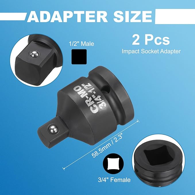 HARFINGTON 2pcs Impact Socket Adapter 3/4" Female to 1/2" Male Square Drive Reducer Standard SAE CR-MO Steel Converter Impact Driver Ratchet Wrench Breaker Bar Conversion, Black