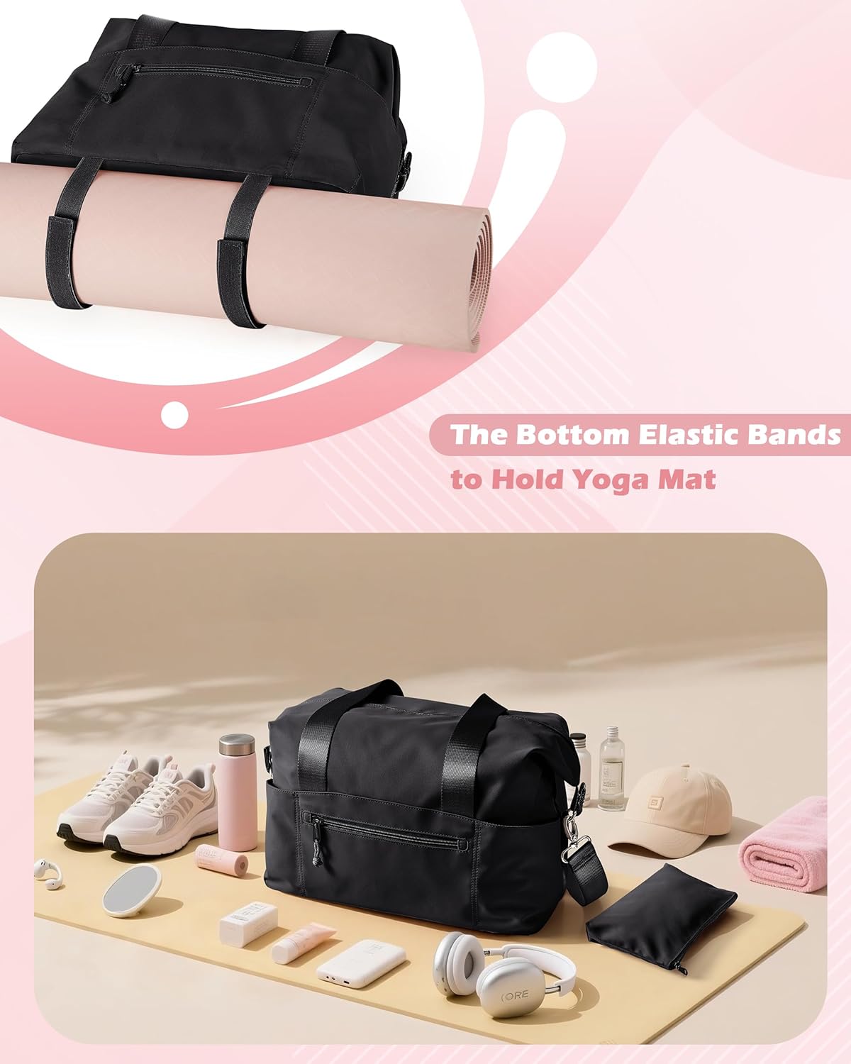 Smasrob Small Gym Bag - Yoga Mat Holder, Wet Pocket & Pouch | Black Duffle for Women with Crossbody Strap