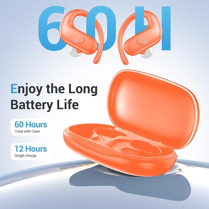 Sport Wireless Earbuds,60Hrs BT5.4 ENC IPX7 Waterproof Earhooks Deep Bass | 14.2mm drivers deliver rich stereo sound. Soft silicone ensures a secure, painless fit for long workouts.