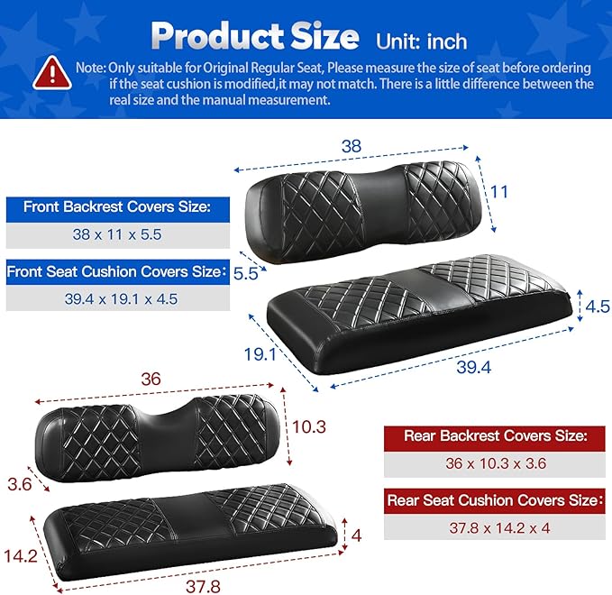 NOKINS 4PCS Golf Cart Diamond Seat Covers Kit, Front and Rear Seat Covers Fits Club Car DS 2000.5-Up Standard Seat Cushion, Club Car DS Vinyl Seat Covers Accessories(Black&Black Stitching)