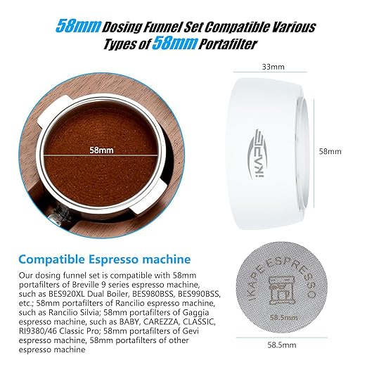 IKAPE Magnetic Dosing Funnel Set, 58MM Espresso Dosing Ring & Puck Screen Kit Compatible with 58MM Bottomless Portafilter - with 10 Small Magnet (White)