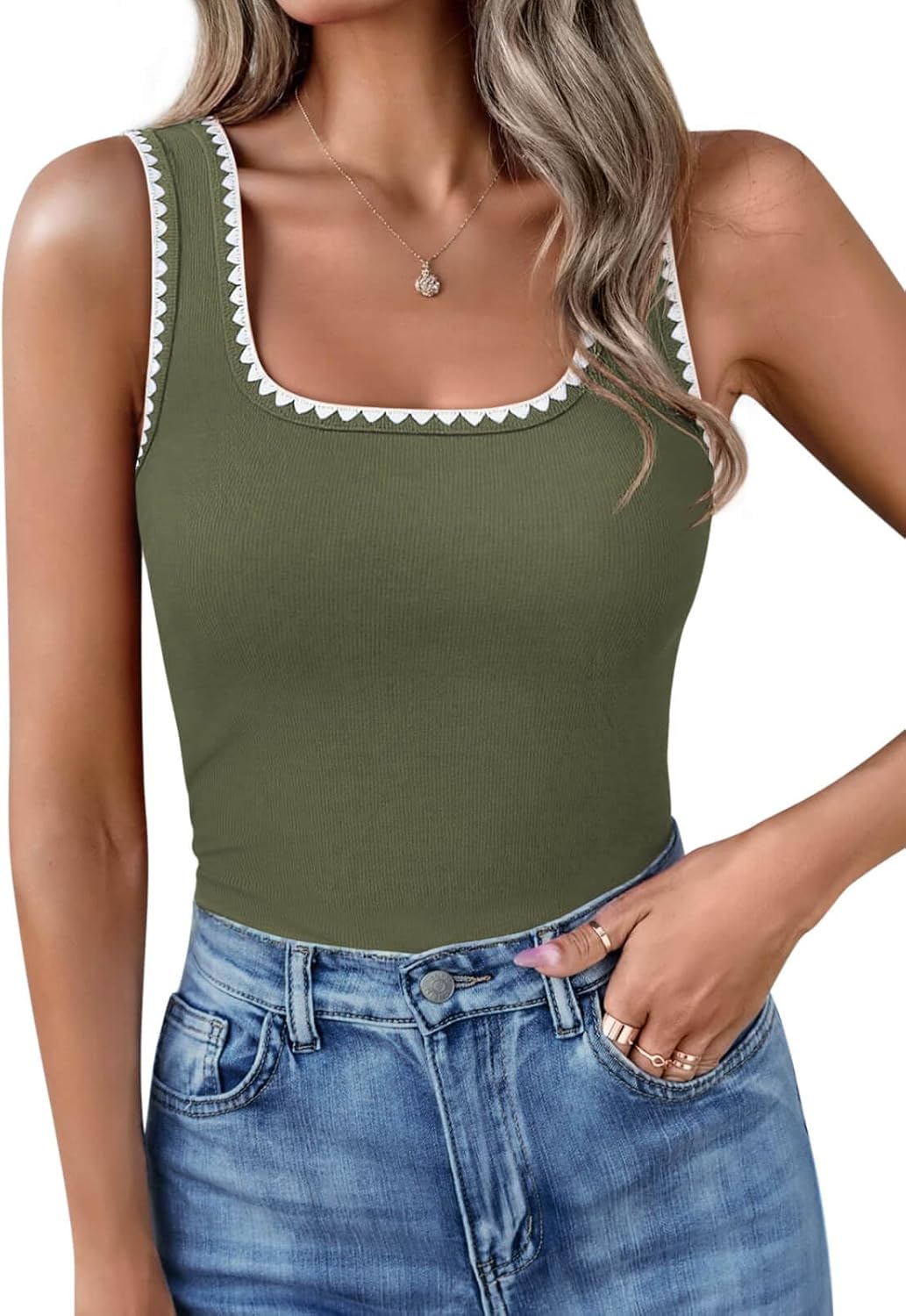 Yousify Women's Square Neck Tank Tops - Casual Slim Fitted Color Block Ribbed Sleeveless Shirts