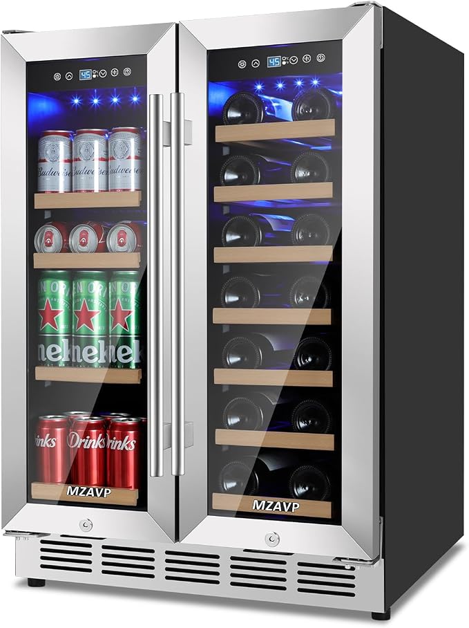 24 Inch Wine and Beverage Refrigerator, Dual Zone Wine Beverage Fridge with Glass Door, Built-In/Freestanding Beverage Cooler 24" with French Door, Holds 20 Bottles and 88 Cans for Home/Kitchen