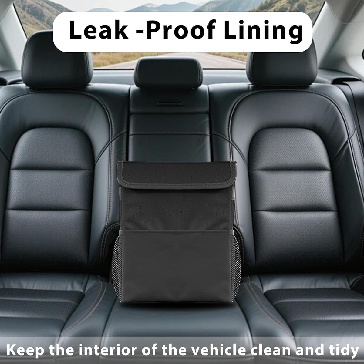 Car Trash Can with Lid, Car Garbage Can, Leak Proof Vehicle Trash Bin with 3 Storage Pockets, Universal Automotive Interior Accessories Hanging Waterproof Auto Garbage Bag for SUV Black