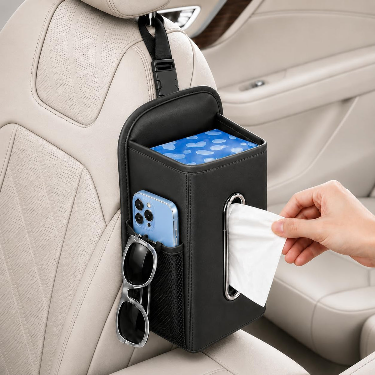Leather Car Tissue Holder for Front & Back Seats, Car Tissue Box with 2 Side Mesh Pockets, Wide Metal Opening for Easy Pull, Fits 100–160 Count Rectangular Tissue Boxes, Black