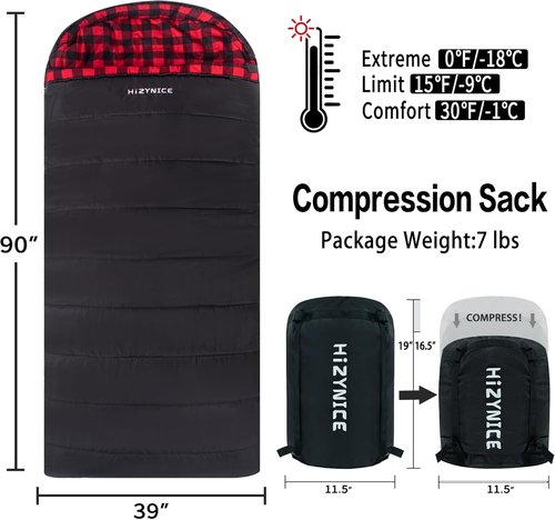 HiZYNICE Cold Weather Sleeping Bag - 100% Cotton Flannel | XXL Size for Adults, Includes Compression Sack