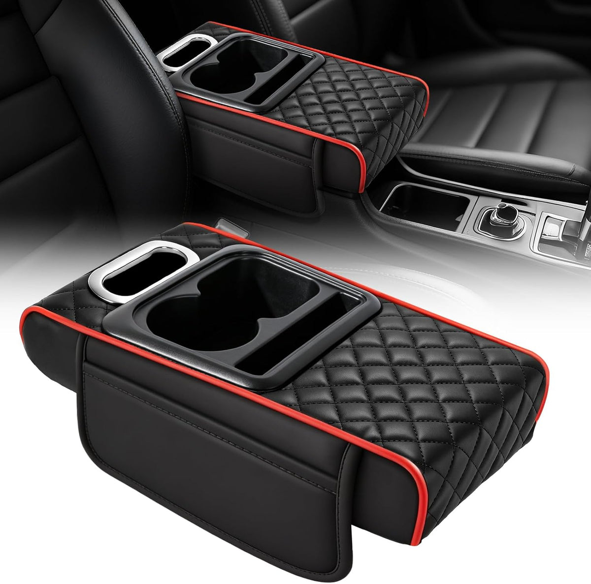 Car Armrest Cushion,5-in-1 Center Console Cover with 2 Storage Bags Cup Holder, Phone Slot for Sedans, Tissue Box Slot, Car Accessories Interior Organizers (Black) (Black-B)