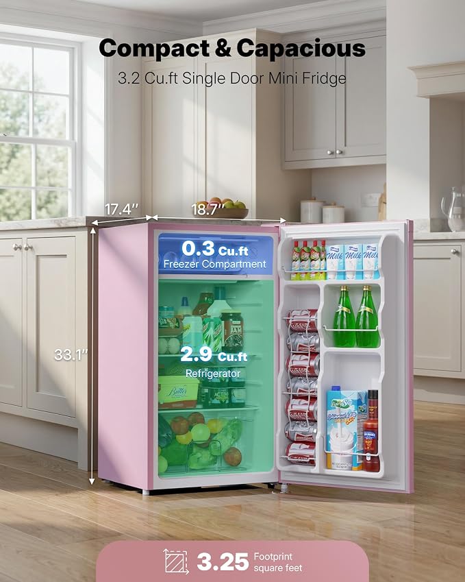 Upstreman 3.2 Cu.Ft Mini Fridge with Freezer, Pink-BR321 | Adjustable Thermostat, Energy Saving, Low Noise, Reversible Door, Small Refrigerator for Dorm, Bedroom, Office