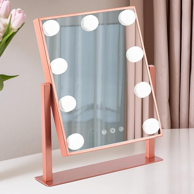 Makeup Mirror with Lights, Hollywood Mirror Lighted Vanity Mirror with 9 LED Bulbs, Touch Control Design 3 Colors Dimmable Bulbs Detachable 10X Magnification 360°Rotation(Rose Pink)