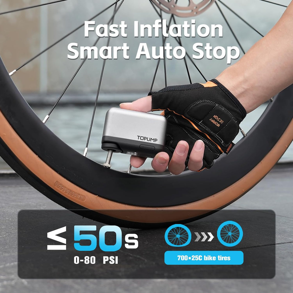 TOPUMP Mini Bike Tire Pump - 120PSI Portable Electric Air Pump with Gauge | Type-C Rechargeable, Auto Stop, Presta & Schrader Compatible