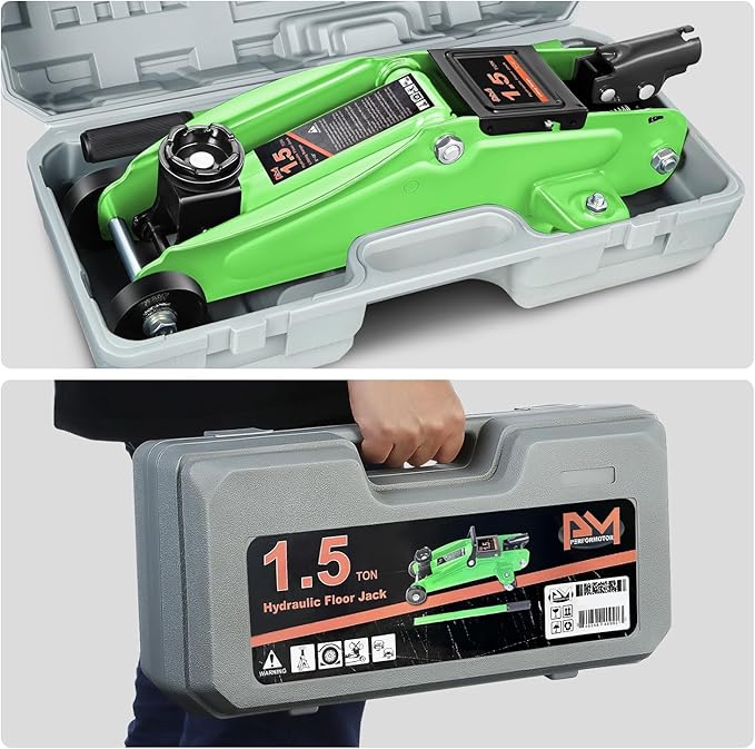 PM PERFORMOTOR Low Profile Hydraulic Trolley Service/Floor Jack, 1.5 Ton (3000 lbs) Capacity, Lifting Range 5.3"-12",Green,PM-TOL-FJ15-GR
