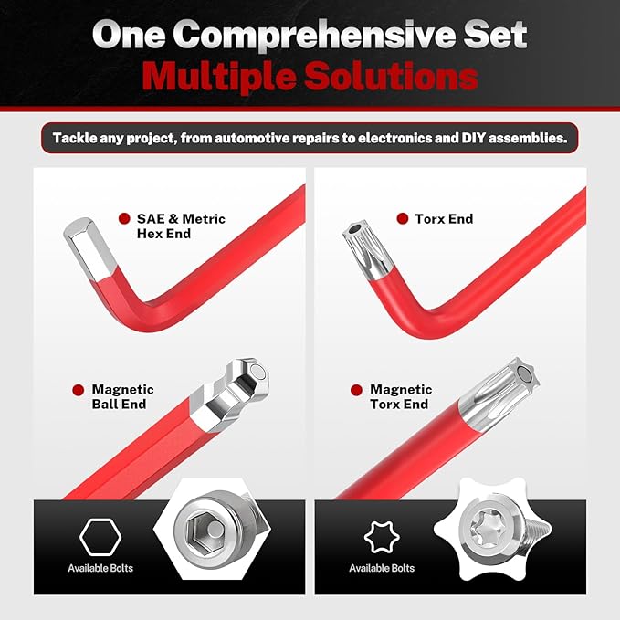 TOMMARS Hex Key Set Magnetic Ball End S2 Steel With T-Handle Hex Key Allen Wrench Set SAE(1/16"-3/8") Metric(1.5mm-10mm) TORX(T10-T50)