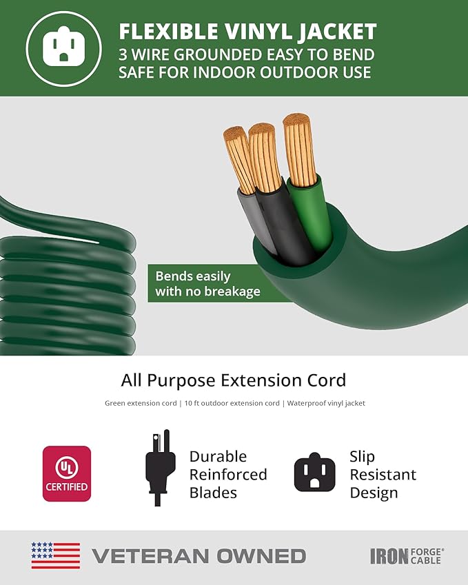 Iron Forge Cable 2 Pack Weatherproof 10 Ft Outdoor Extension Cord - 16/3 SJTW Heavy Duty Green Extension Cord 3 Prong - 13 Amp Exterior Power Cable