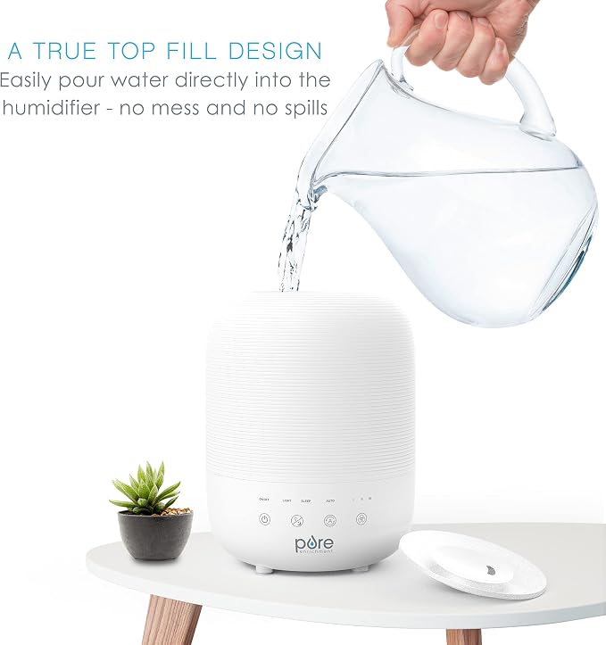 Pure Enrichment® HUME™ Sense Top Fill Humidifier – Large 3L Tank, Auto Mode Humidity Sensor, 3 Mist Settings, Optional Night Light, Optional Aromatherapy, Sleep Mode & Auto Shut-Off