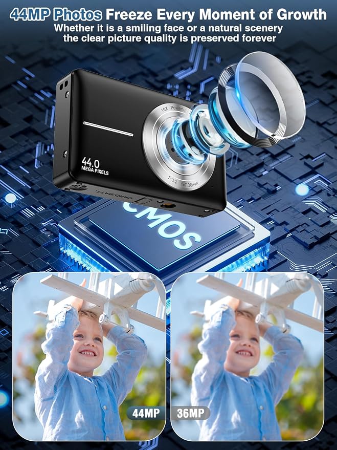 Digital Camera, FHD 1080P Kids Camera 44MP Point and Shoot Digital Cameras