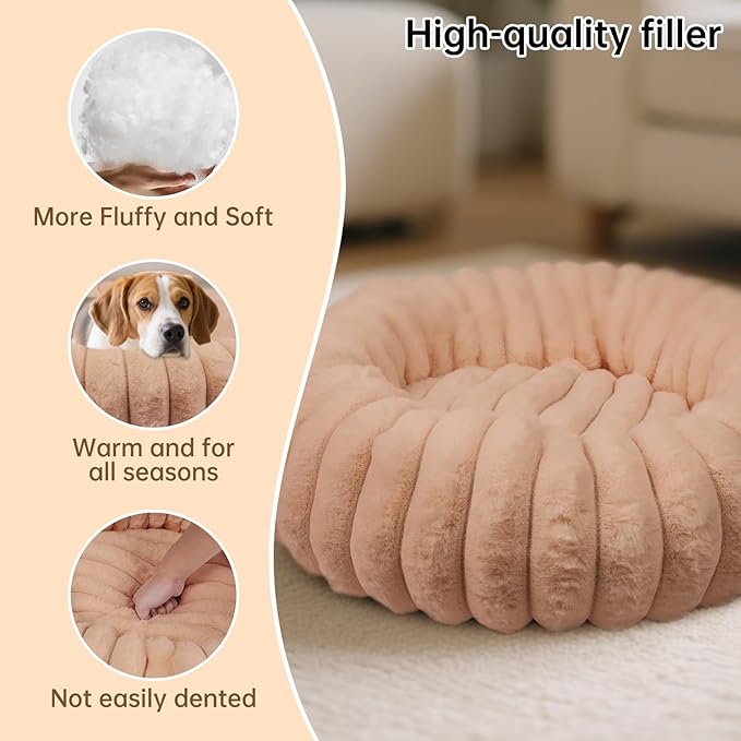 Donut Dog and Cat Bed, Luxurious Comfortable Faux Rabbit Fur Pet Beds, Round Anti-Anxiety Calming Puppy Kitten Bed with Anti-Slip Bottom for Small Medium Large Dogs & Cats(36", Brown)